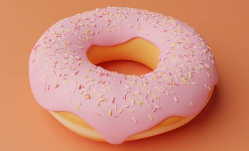 3D render of a donut with pink frosting and sprinkles